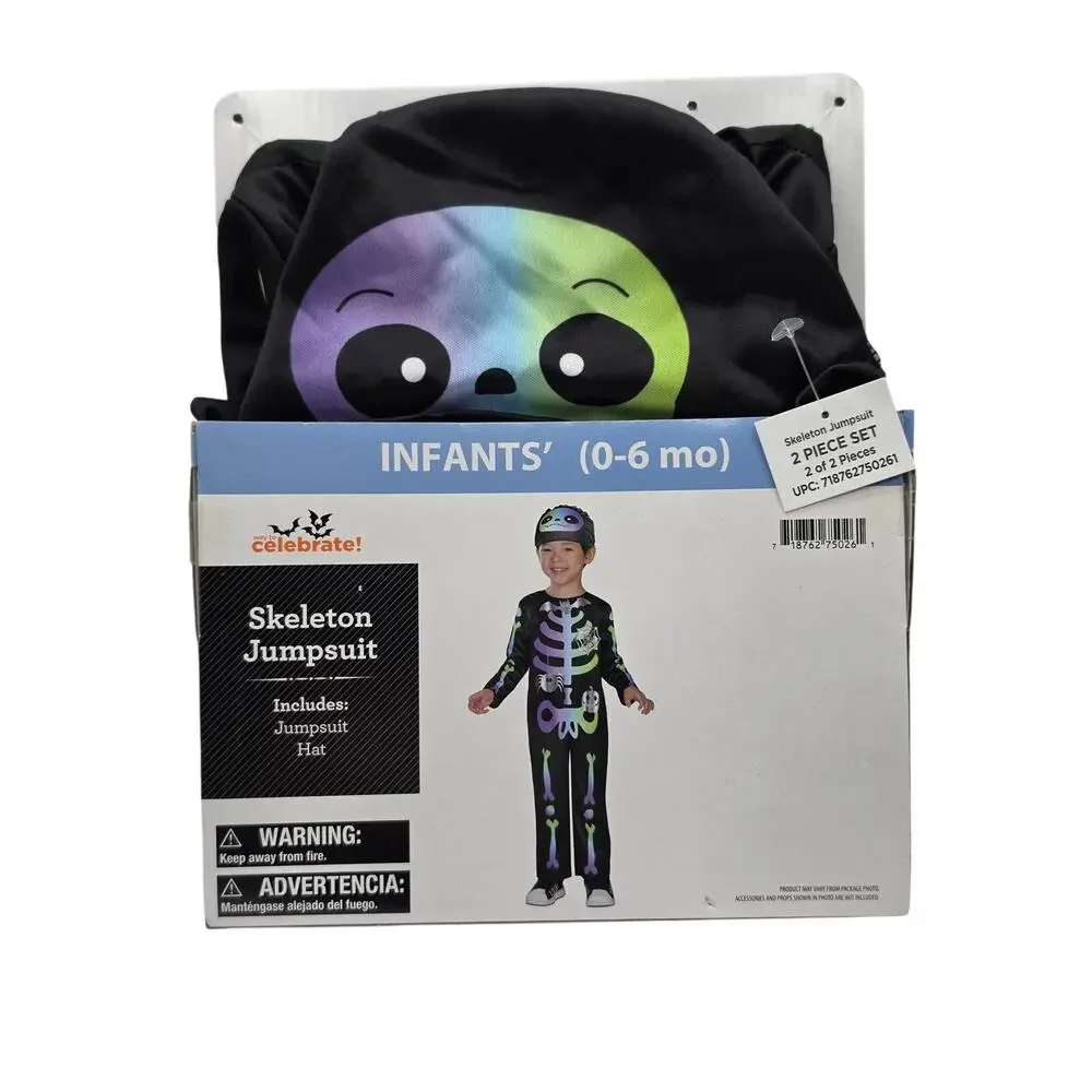 Way to Celebrate Infant Skeleton Jumpsuit Halloween Costume Colorful Hat 0-6M